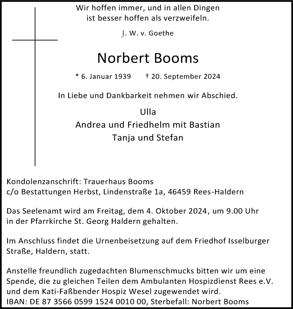  Traueranzeige für Norbert Booms vom 26.09.2024 aus Tageszeitung