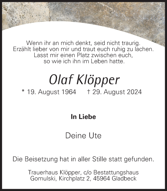 Traueranzeige von Olaf Klöpper von Tageszeitung