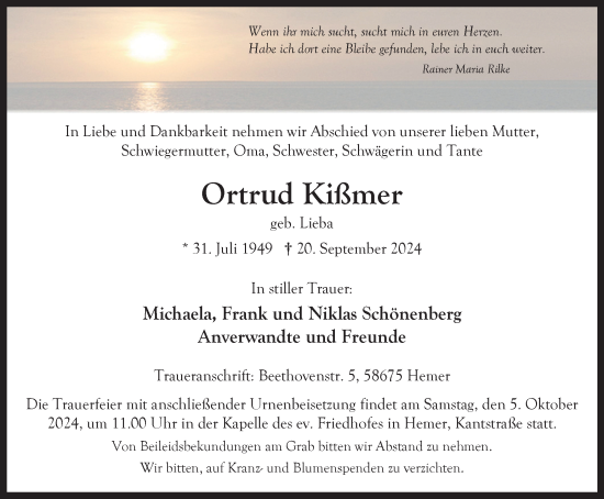 Traueranzeige von Ortrud Kißmer von Tageszeitung