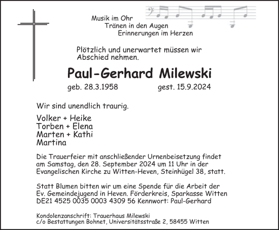 Traueranzeige von Paul-Gerhard Milewski von Tageszeitung