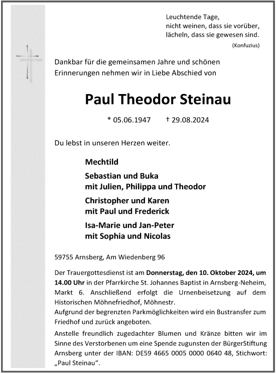 Traueranzeige von Paul Theodor Steinau von Tageszeitung