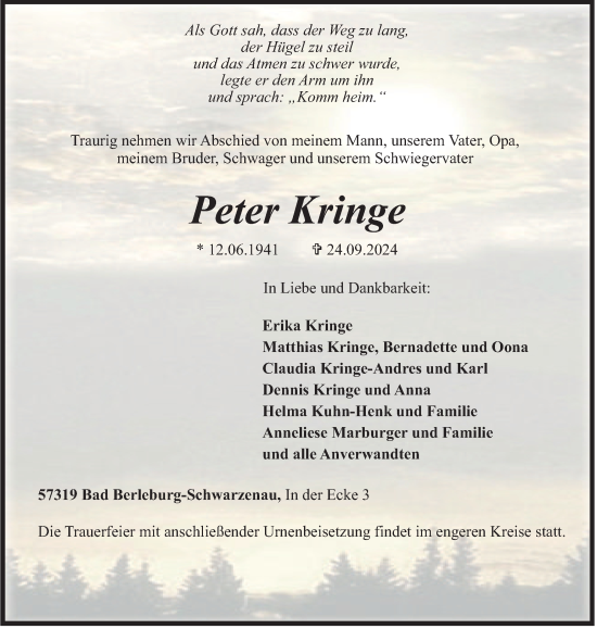 Traueranzeige von Peter Kringe von Tageszeitung