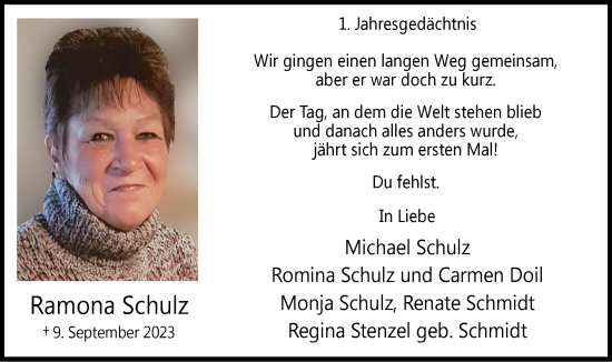 Traueranzeige von Ramona Schulz von Tageszeitung