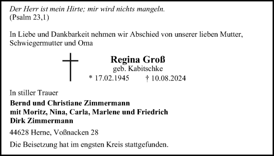 Traueranzeige von Regina Groß von Tageszeitung