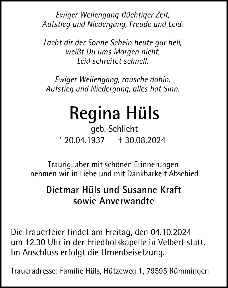  Traueranzeige für Regina Hüls vom 28.09.2024 aus Tageszeitung