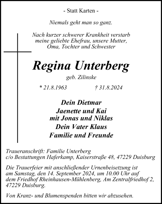 Traueranzeige von Regina Unterberg von Tageszeitung