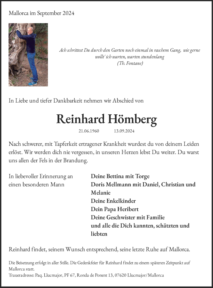  Traueranzeige für Reinhard Hömberg vom 21.09.2024 aus Tageszeitung