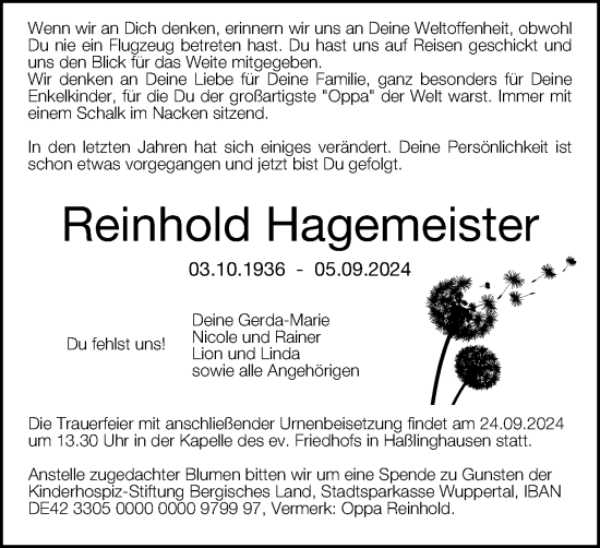Traueranzeige von Reinhold Hagemeister von Tageszeitung