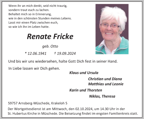 Traueranzeige von Renate Fricke von Tageszeitung