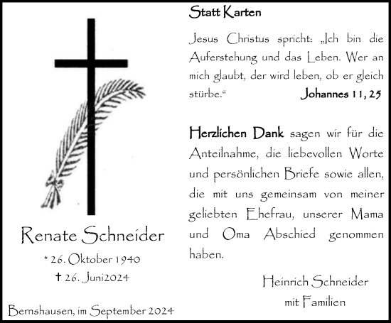Traueranzeige von Renate Schneider von Tageszeitung