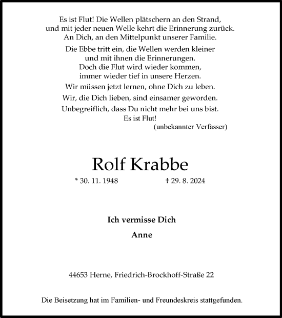 Traueranzeige von Rolf Krabbe von Tageszeitung