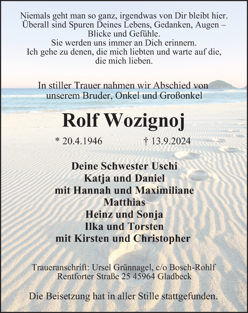  Traueranzeige für Rolf Wozignoj vom 28.09.2024 aus Tageszeitung