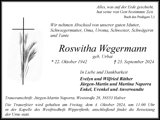 Traueranzeige von Roswitha Wegermann von Tageszeitung