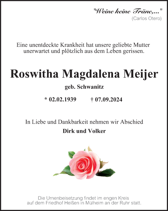Traueranzeige von Roswitha Magdalena Meijer von Tageszeitung