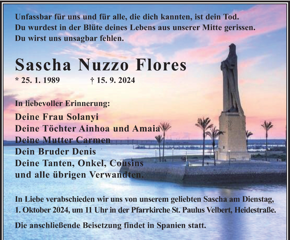  Traueranzeige für Sascha Nuzzo Flores vom 28.09.2024 aus Tageszeitung
