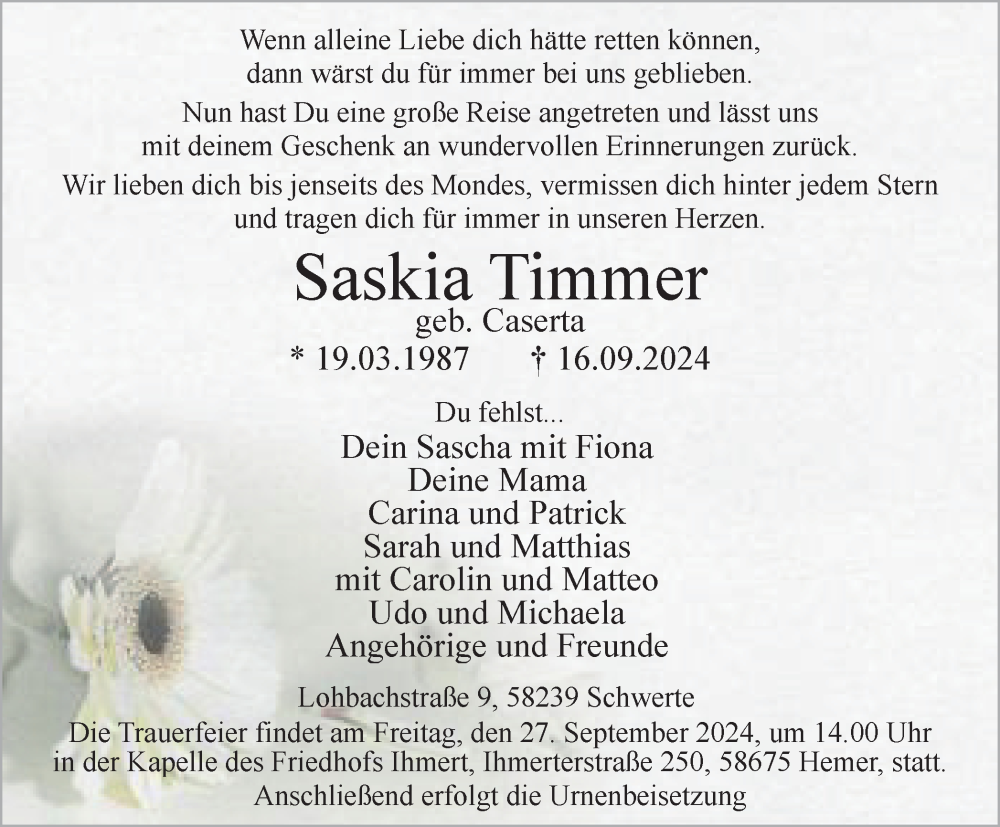  Traueranzeige für Saskia Timmer vom 25.09.2024 aus Tageszeitung