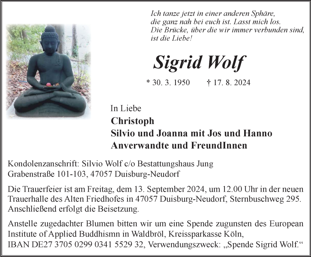  Traueranzeige für Sigrid Wolf vom 07.09.2024 aus Tageszeitung