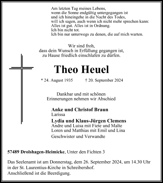 Traueranzeige von Theo Heuel von Tageszeitung