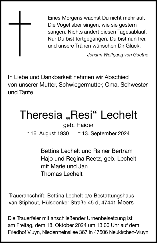 Traueranzeige von Theresia Lechelt von Tageszeitung