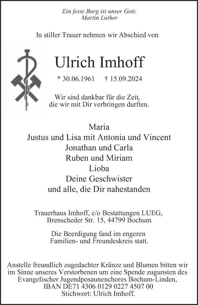  Traueranzeige für Ulrich Imhoff vom 28.09.2024 aus Tageszeitung