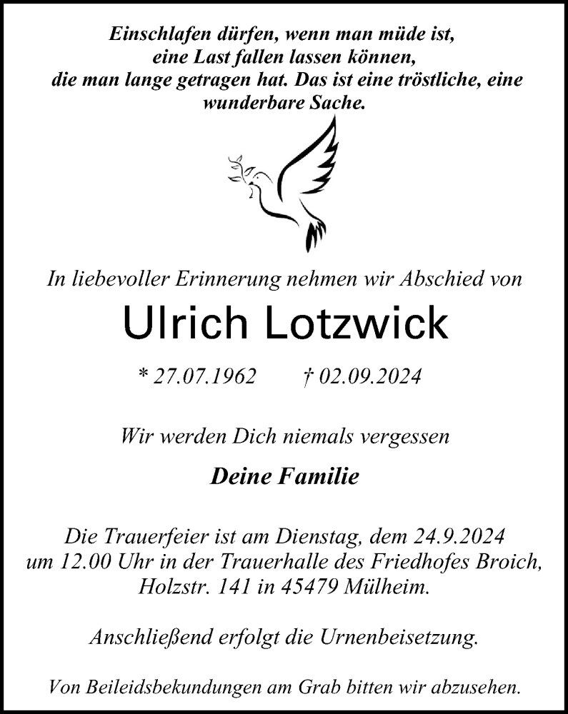  Traueranzeige für Ulrich Lotzwick vom 21.09.2024 aus Tageszeitung