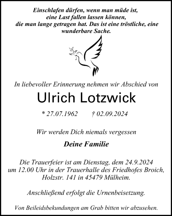 Traueranzeige von Ulrich Lotzwick von Tageszeitung