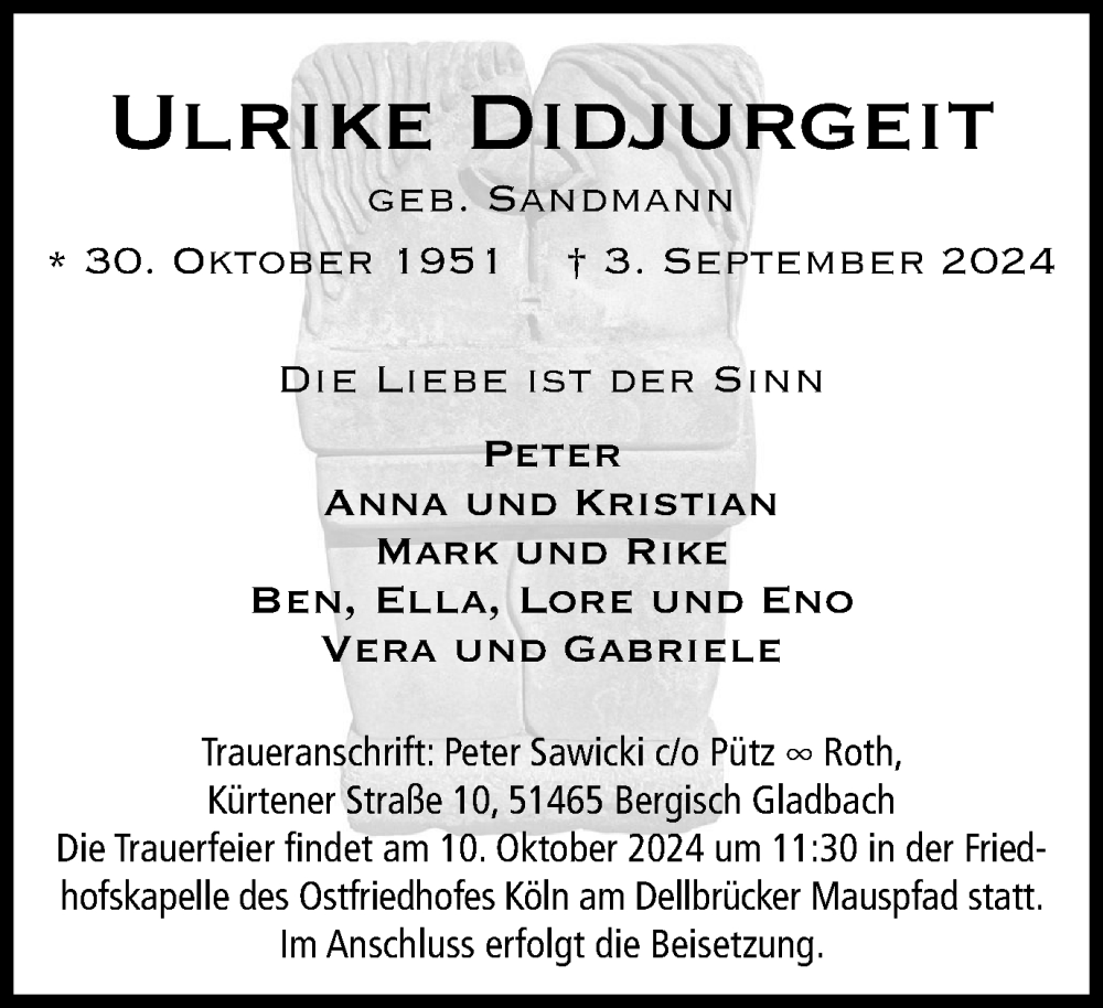  Traueranzeige für Ulrike Didjurgeit vom 14.09.2024 aus Tageszeitung