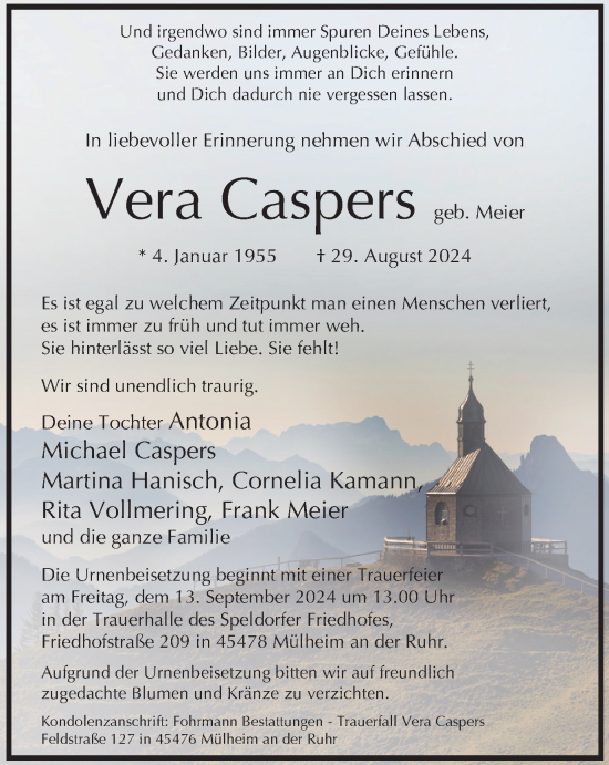 Traueranzeige von Vera Caspers von Tageszeitung