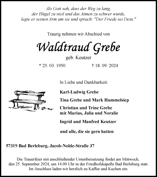 Traueranzeige von Waldtraud Grebe von Tageszeitung