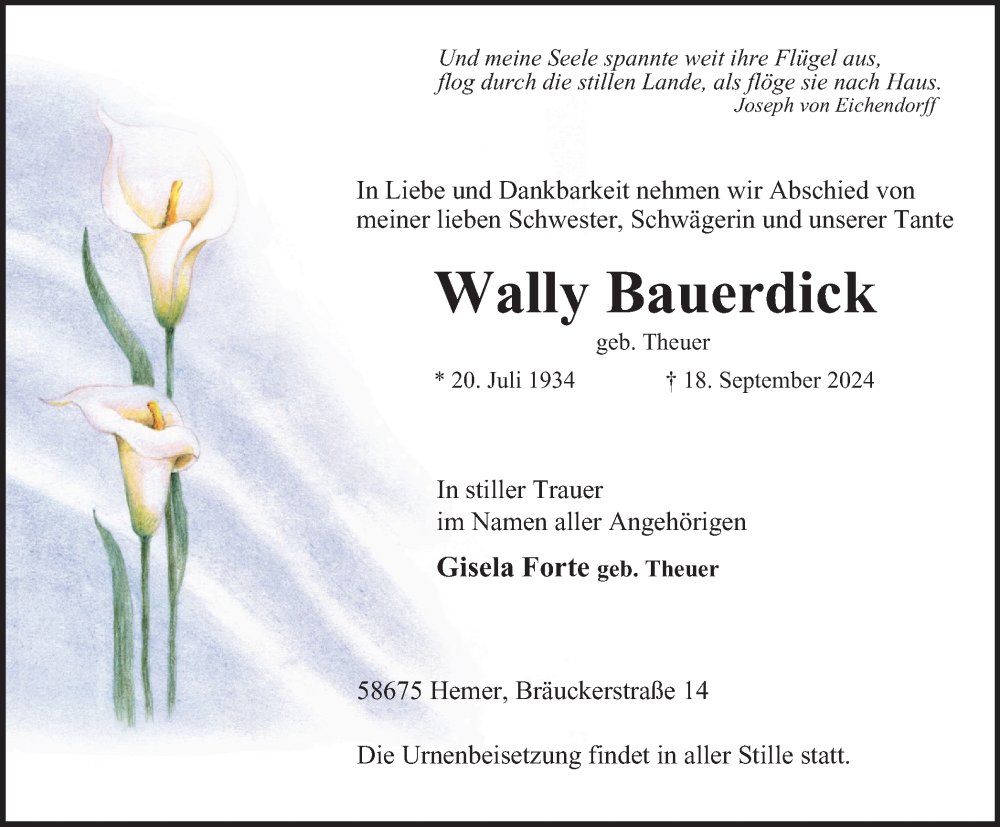  Traueranzeige für Wally Bauerdick vom 28.09.2024 aus Tageszeitung