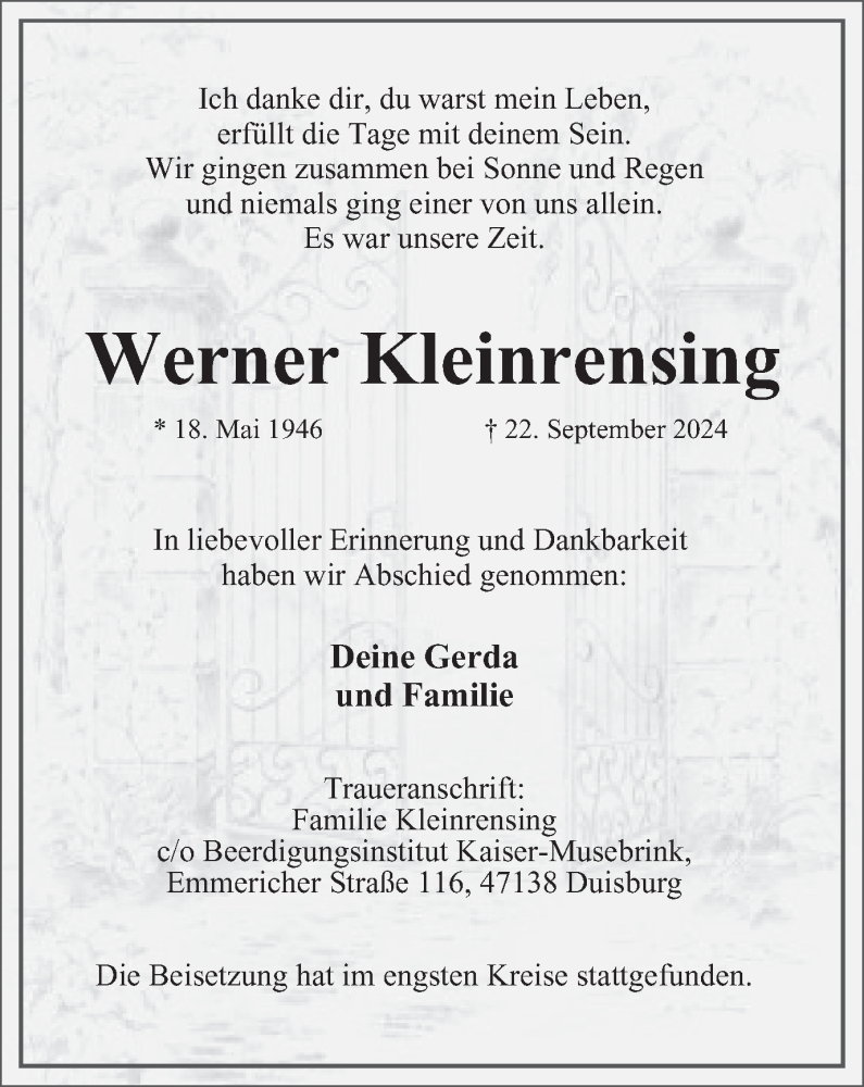  Traueranzeige für Werner Kleinrensing vom 28.09.2024 aus Tageszeitung