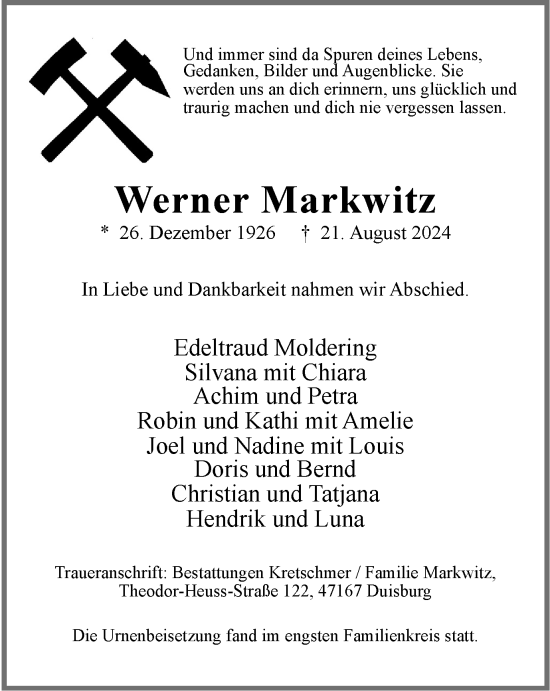 Traueranzeige von Werner Markwitz von Tageszeitung