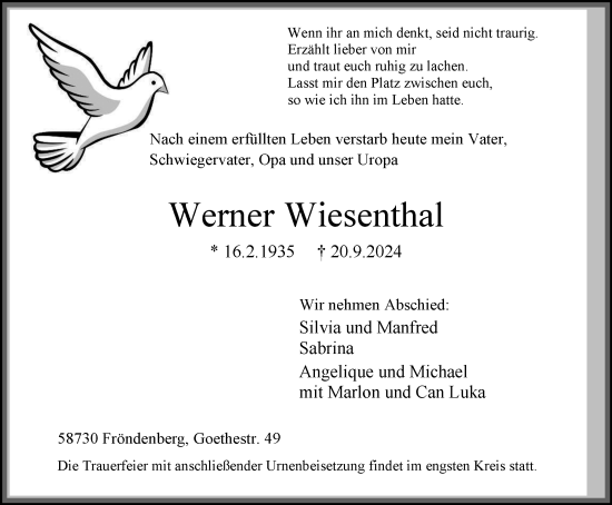 Traueranzeige von Werner Wiesenthal von Tageszeitung
