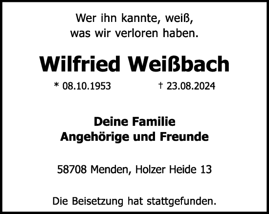 Traueranzeige von Wilfried Weißbach von Tageszeitung