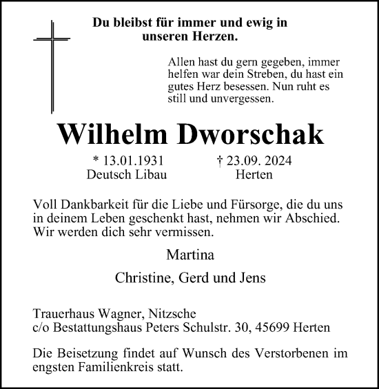 Traueranzeige von Wilhelm Dworschak von Tageszeitung