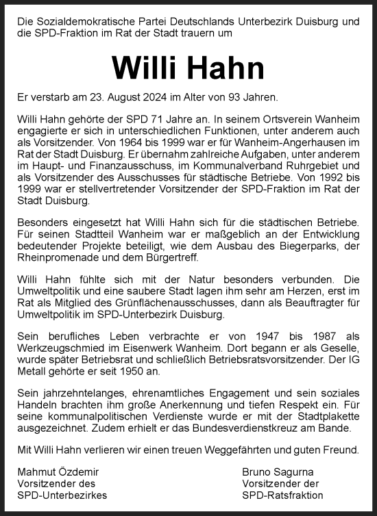 Traueranzeige von Willi Hahn von Tageszeitung