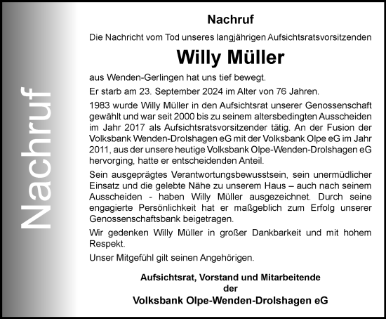 Traueranzeige von Willy Müller von Tageszeitung