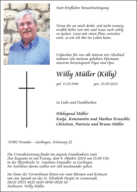 Traueranzeige von Willy Müller von Tageszeitung