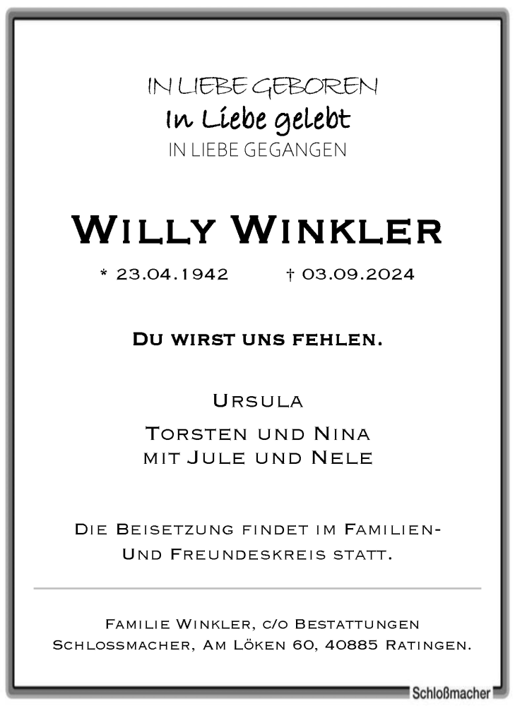  Traueranzeige für Willy Winkler vom 07.09.2024 aus Tageszeitung
