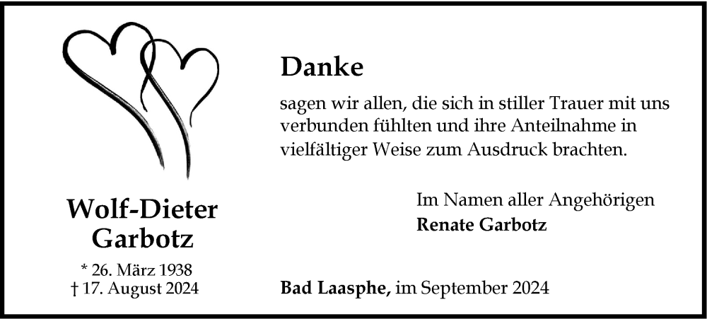  Traueranzeige für Wolf-Dieter Garbotz vom 21.09.2024 aus Tageszeitung
