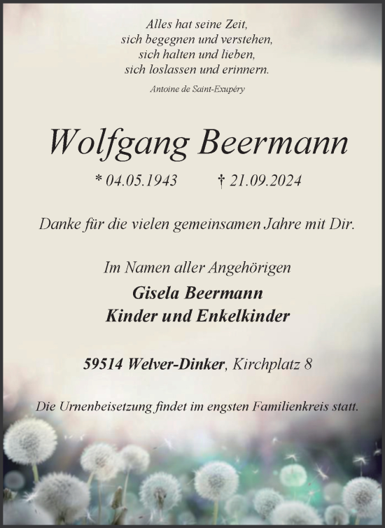 Traueranzeige von Wolfgang Beermann von Tageszeitung