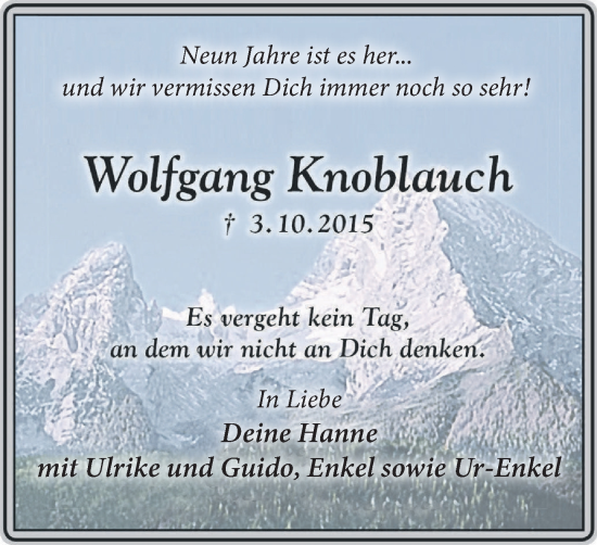 Traueranzeige von Wolfgang Knoblauch von Tageszeitung