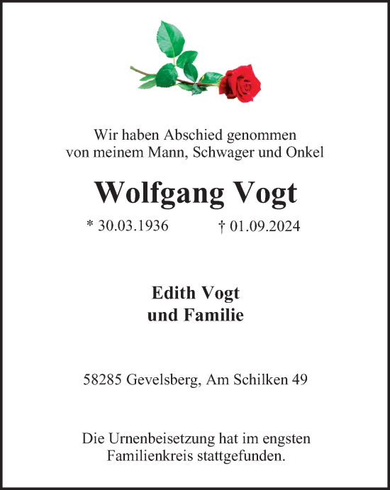 Traueranzeige von Wolfgang Vogt von Tageszeitung