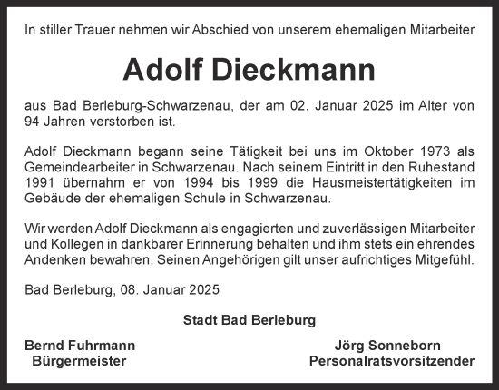 Traueranzeige von Adolf Dieckmann von Tageszeitung