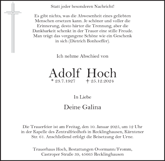 Traueranzeige von Adolf Hoch von Tageszeitung