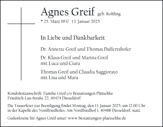 Traueranzeige von Agnes Greif von Tageszeitung