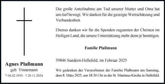 Traueranzeige von Agnes Plaßmann von Tageszeitung