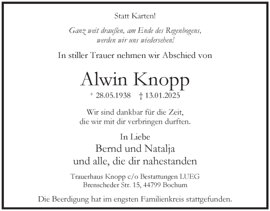 Traueranzeige von Alwin Knopp von Tageszeitung