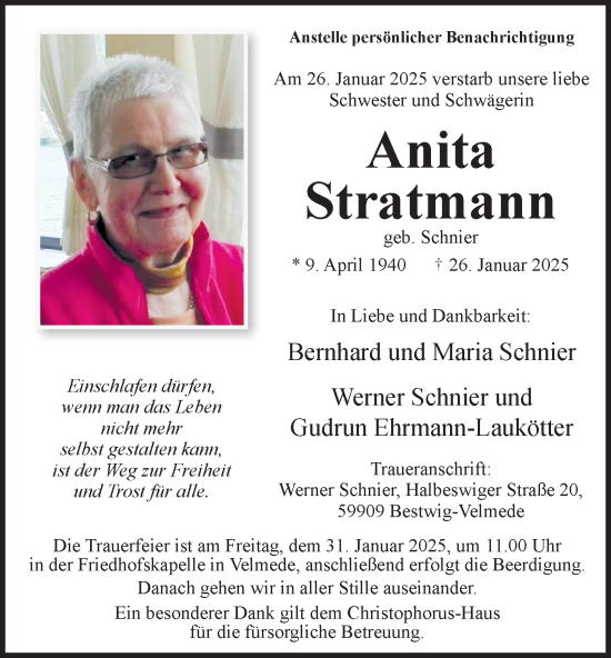 Traueranzeige von Anita Stratmann von Tageszeitung