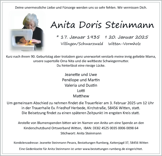 Traueranzeige von Anita Doris Steinmann von Tageszeitung